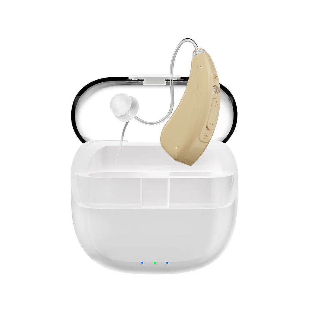 Skin colour digital hearing aid with noise reduction and Type-C charging, shown with warehouse case and cable.