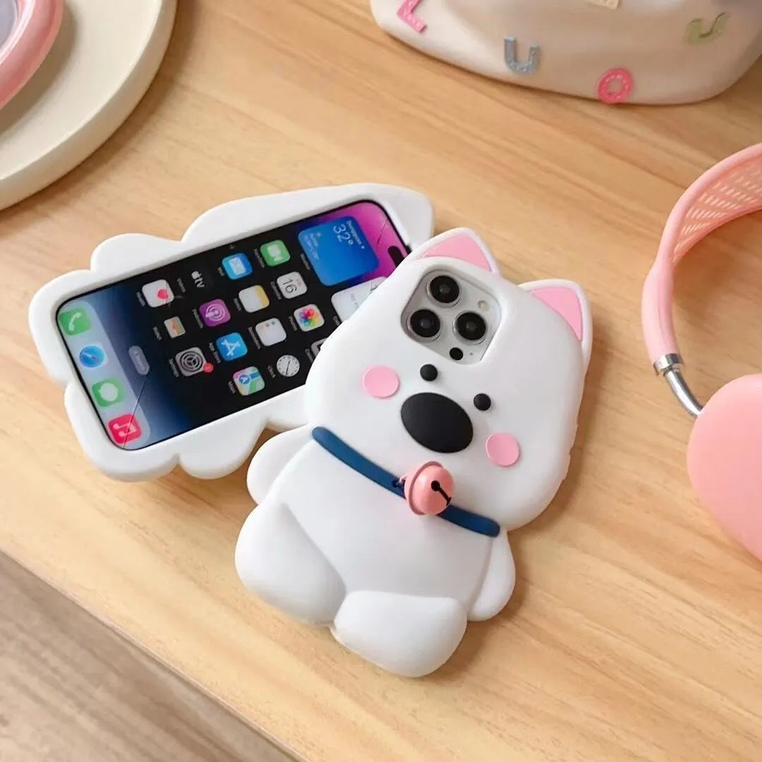 Pink bell small white dog silicone phone case for iPhone 12 to 15 Pro Max, all-inclusive fall protection.