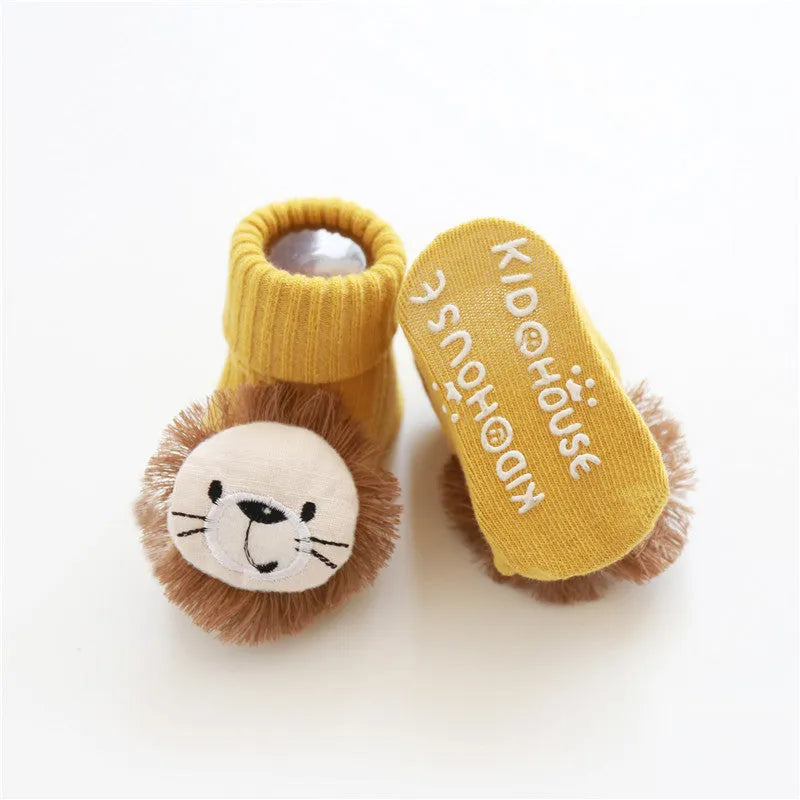Cotton baby floor socks with anti-slip soles in animal designs for infants and toddlers