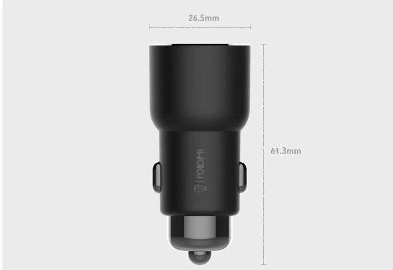 Black Ruimi 3S Bluetooth car charger with dual USB ports measuring 26.5×26.5×61.3mm