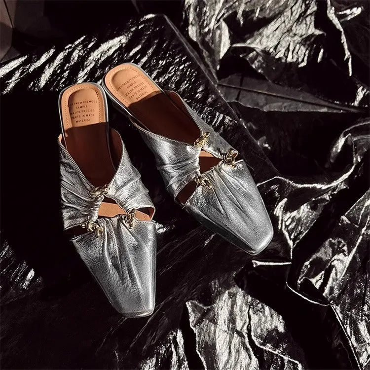 Genuine leather women's half toe cap slippers with square head design and low heel