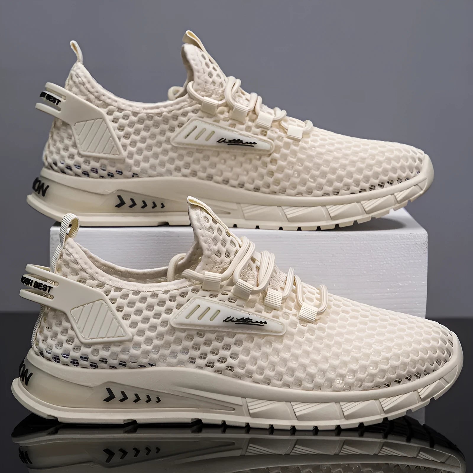 Men's beige mesh sneakers with synthetic leather upper and lace-up front