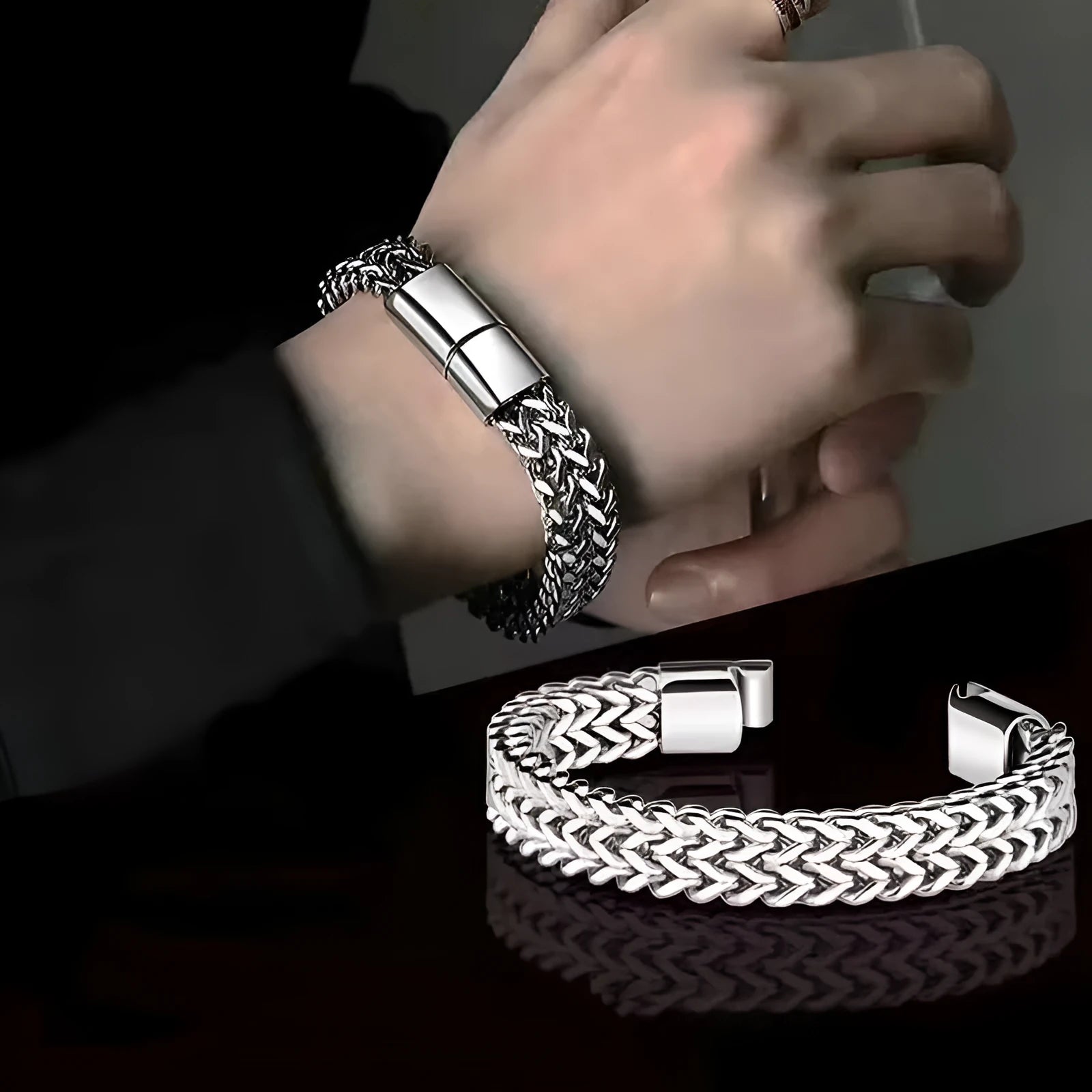 Silver titanium steel men's bracelet with geometric hip hop design on front and back.