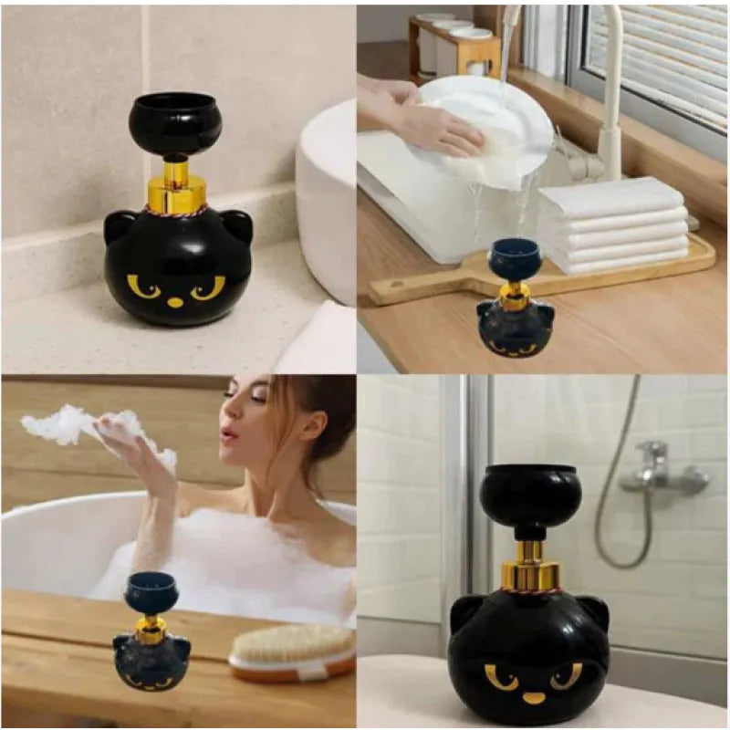 Black cartoon cat-shaped plastic foam soap dispenser on a bathroom counter.