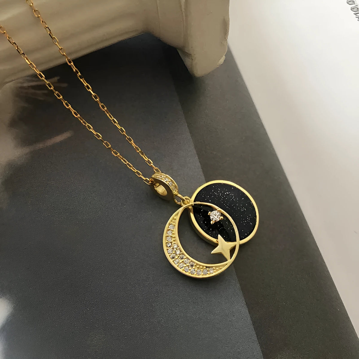 S925 sterling silver star moon necklace with cross chain, 51-80cm perimeter, yellow or white gold colour