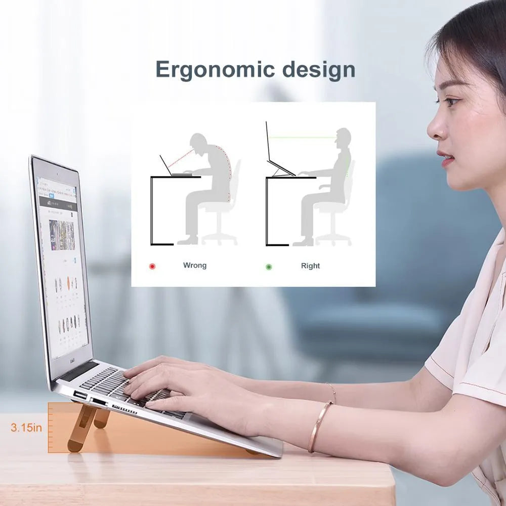 Aluminium alloy laptop stand 216x26mm in silver with silicone pads on desk