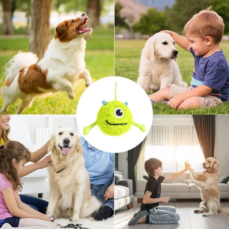 Green sound-activated dog teething toy ball with soft plush exterior for puppy gum massage