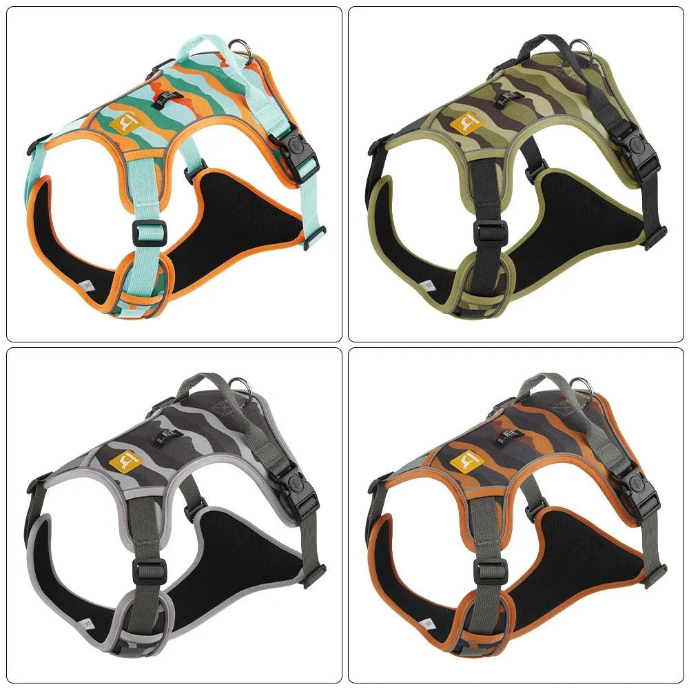 Orange reflective dog commuter rope with chest and back harness and hand-holding lead on a grey background