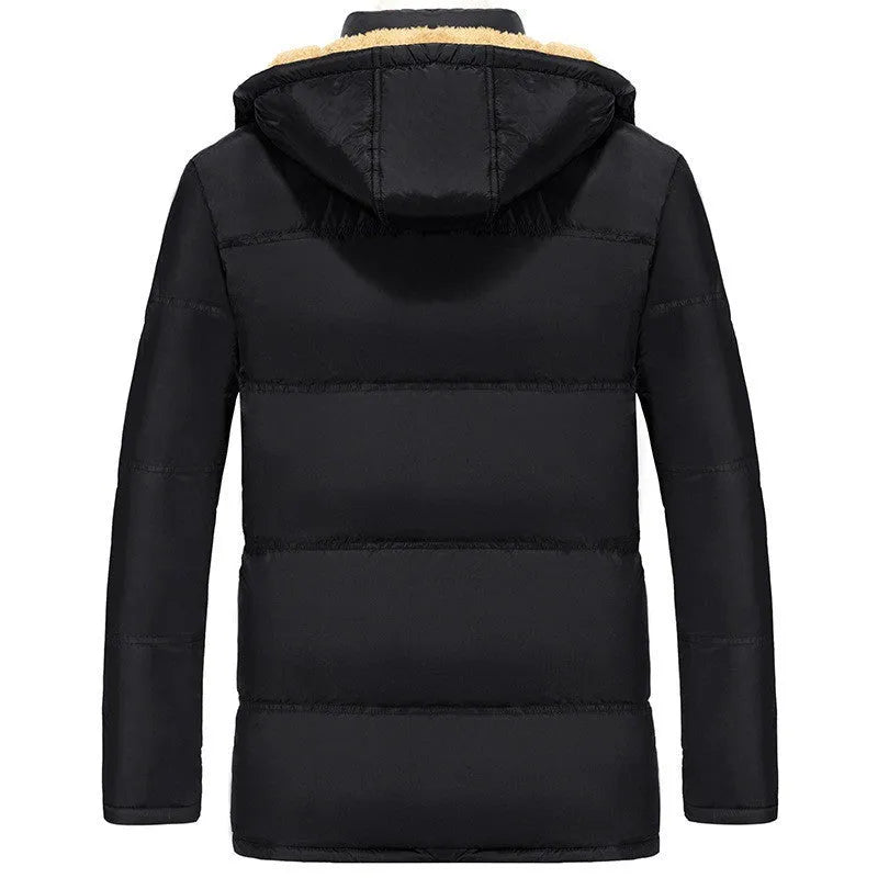 Black men's velvet-lined padded winter jacket with hood and double-breasted closure