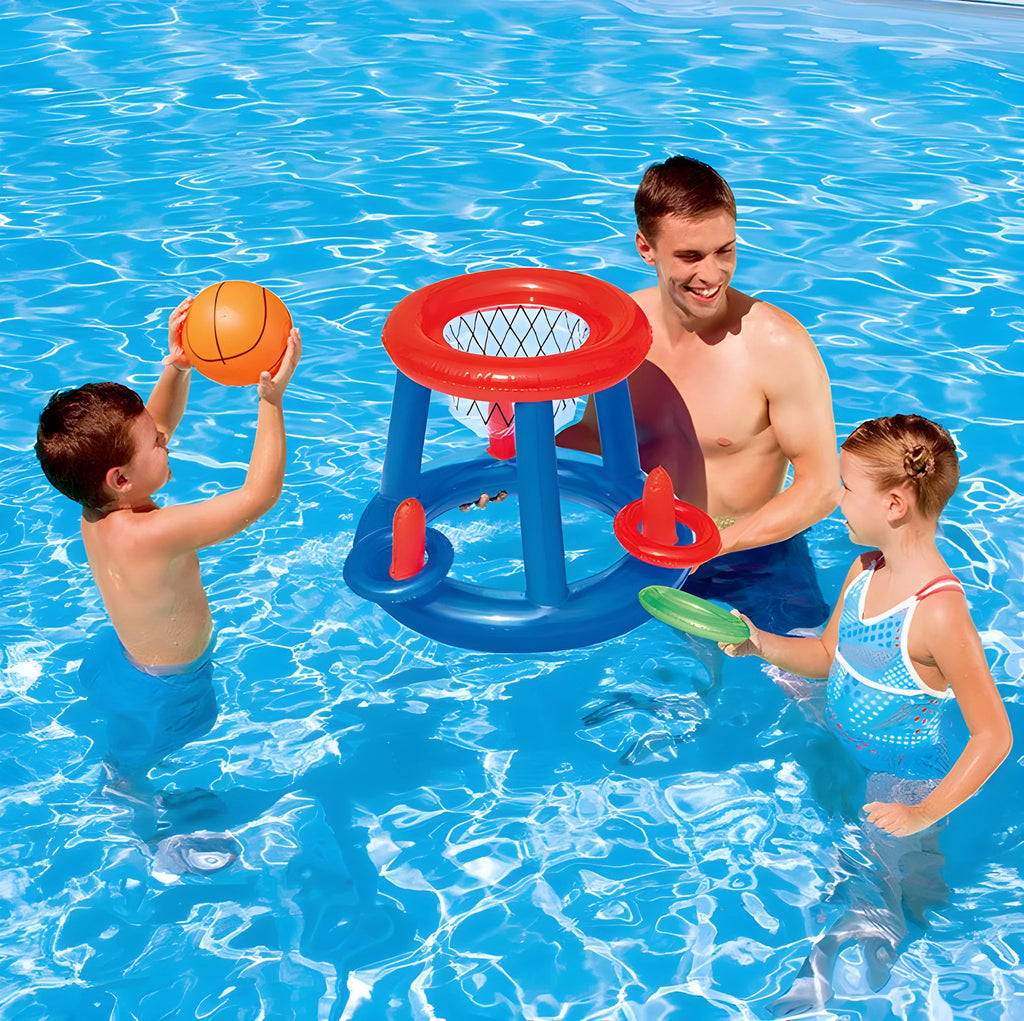 Inflatable basketball hoop in PVC for water shooting game, 61cm size with three rings and basketball