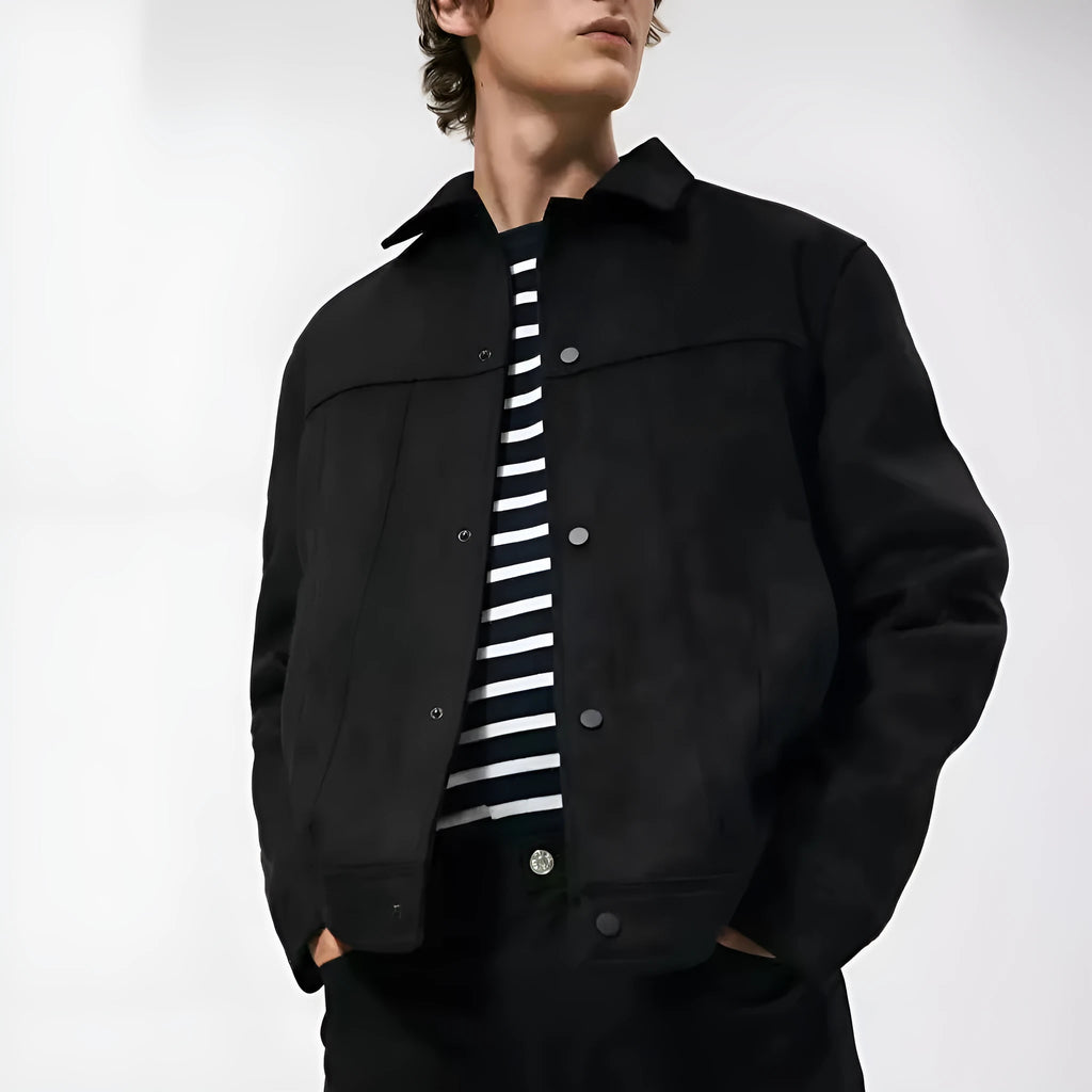 Black men's hooded jacket with a suede collar and side pockets.
