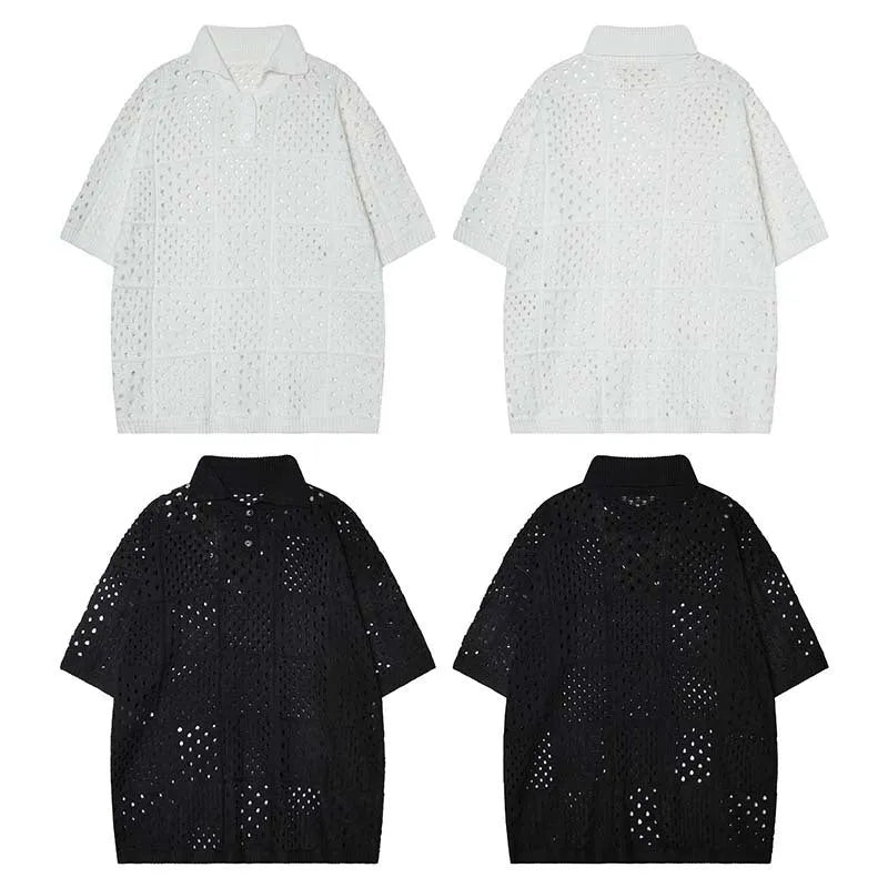 Short-sleeved hollow knit polo shirt in black or white, loose fit cardigan style for teenagers