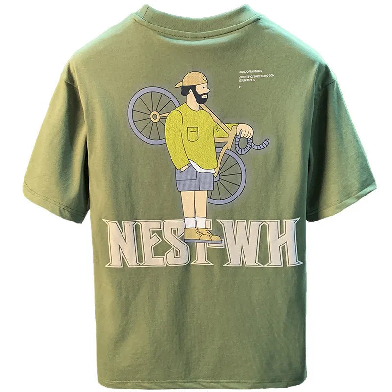 Green men's loose fit t-shirt with literary youth printed design and short sleeves