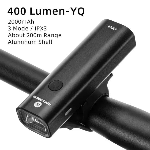 ROCKBROS black aluminium alloy bicycle headlight with 400 lumens USB rechargeable, 103x23x30mm