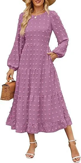 Long sleeve casual dress with ruffle sleeves and high waist in solid colour.