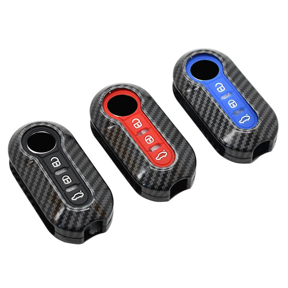 Fiat 500 Boyue carbon fibre pattern ABS remote key case in black, red, and dark blue