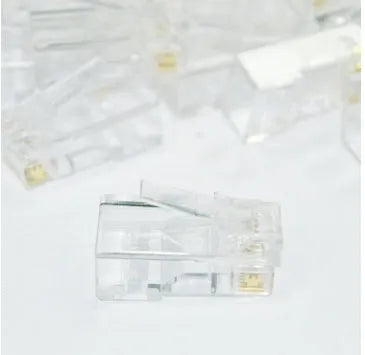 White RJ45 network modular plug with gold-plated three-fork contacts, supplied in 1000-unit bulk pack