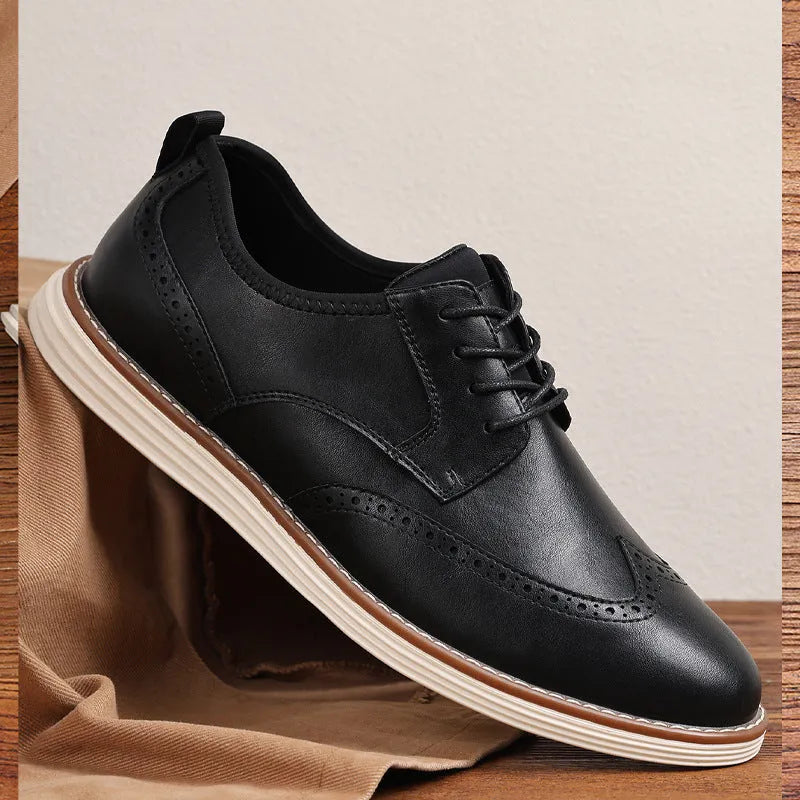Men's black and brown slip-on business casual shoes with round toe and low-top design