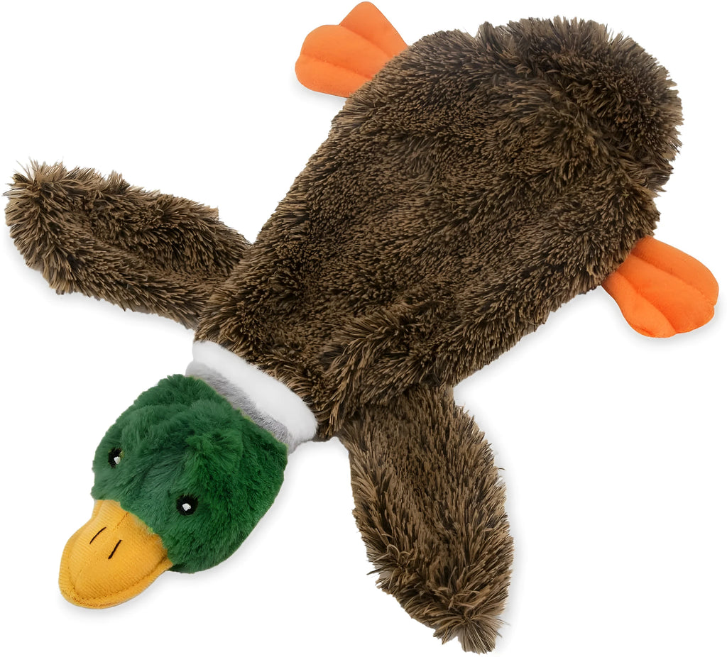 Green wild duck design stuffless plush dog toy with two squeakers.