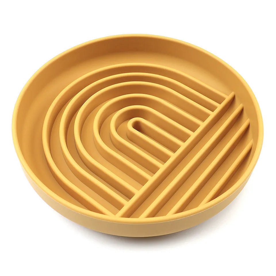 Silicone dog slow feeder bowl with textured ridges, shown in beige colour
