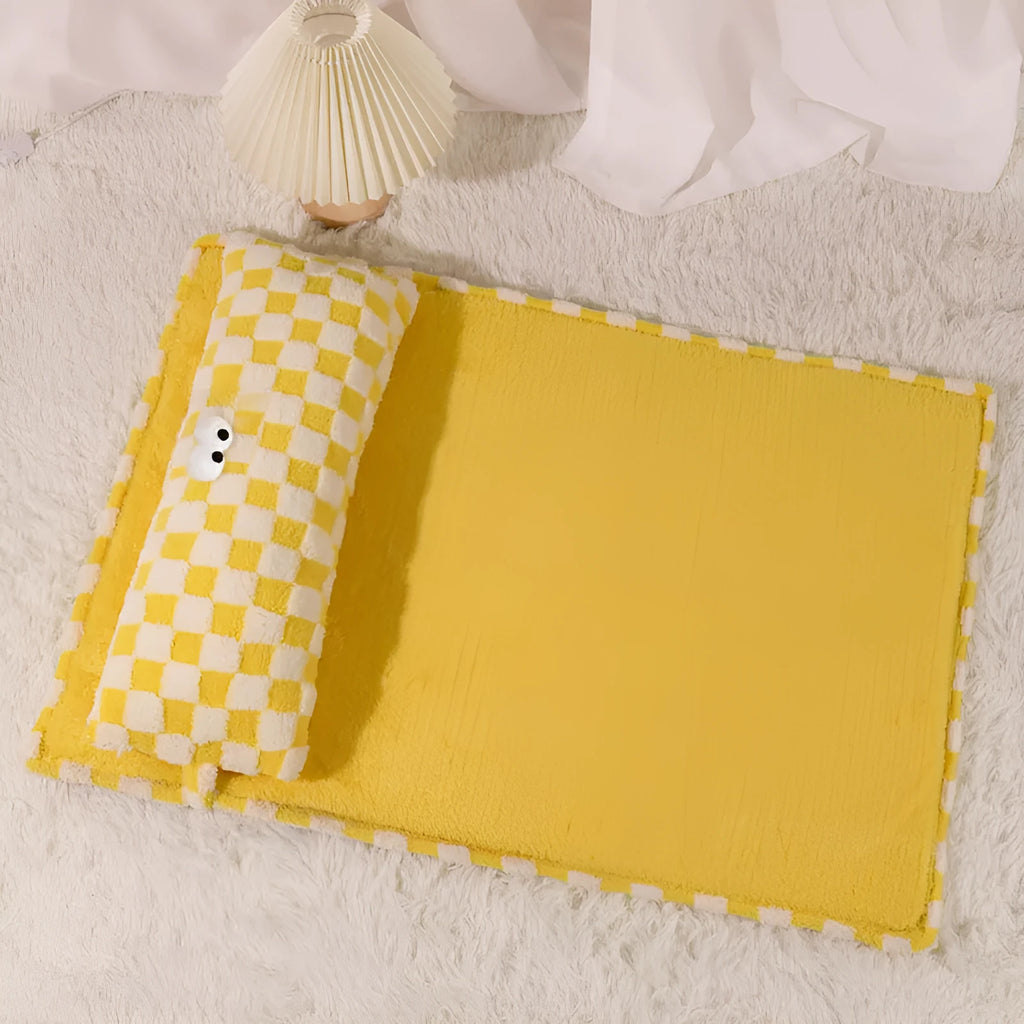 Grey and yellow pet nest cushion for cats and dogs shown in four different sizes.