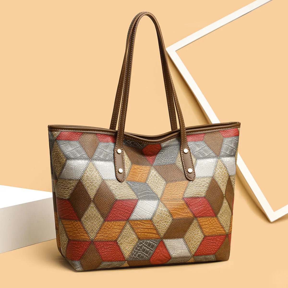 Women's large capacity PVC shoulder handbag in blue brown colour for business and travel