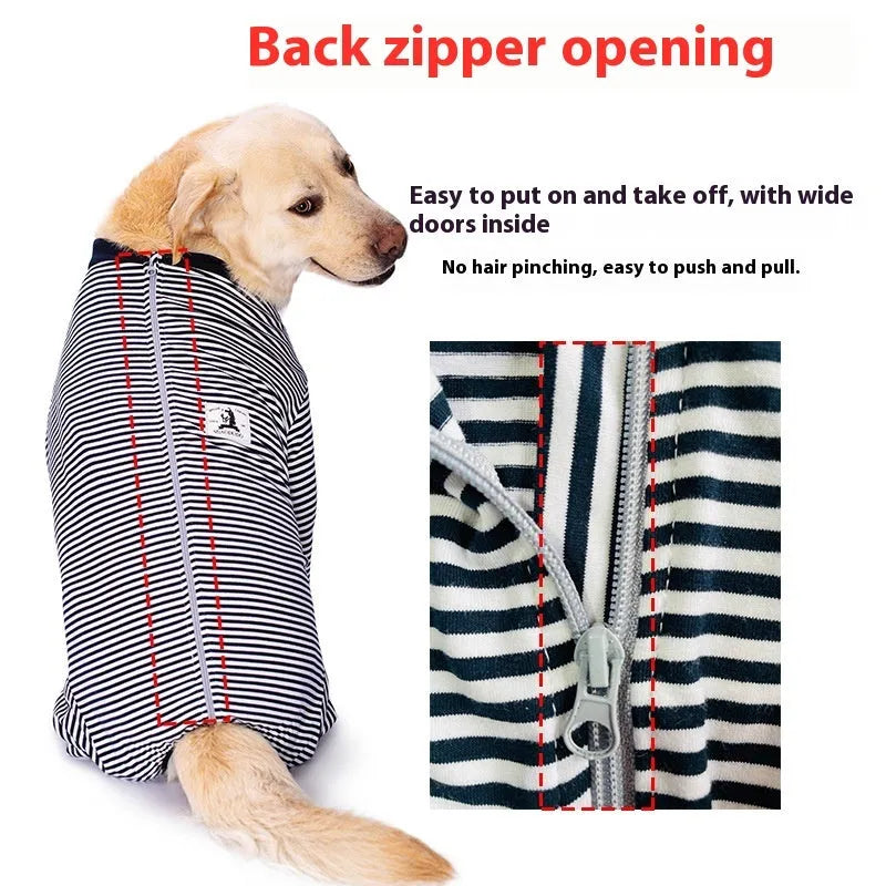 A striped four-legged shirt for a dog, shown in sky blue, black with dark blue stripes, or brown.