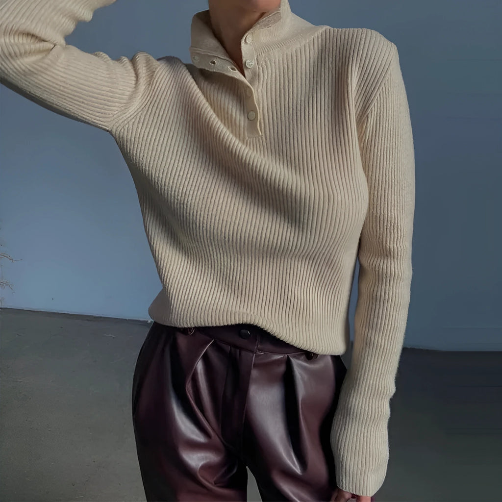Retro silver gray half turtleneck pullover sweater with single-breasted placket and slim fit design