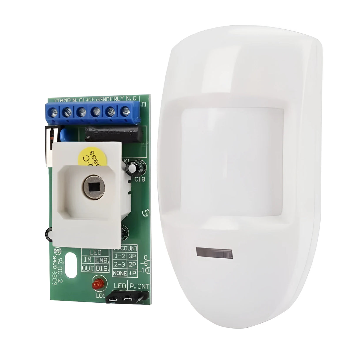White wired PIR motion sensor, wall-mounted passive infrared detector with 120-degree angle and 6-10m range