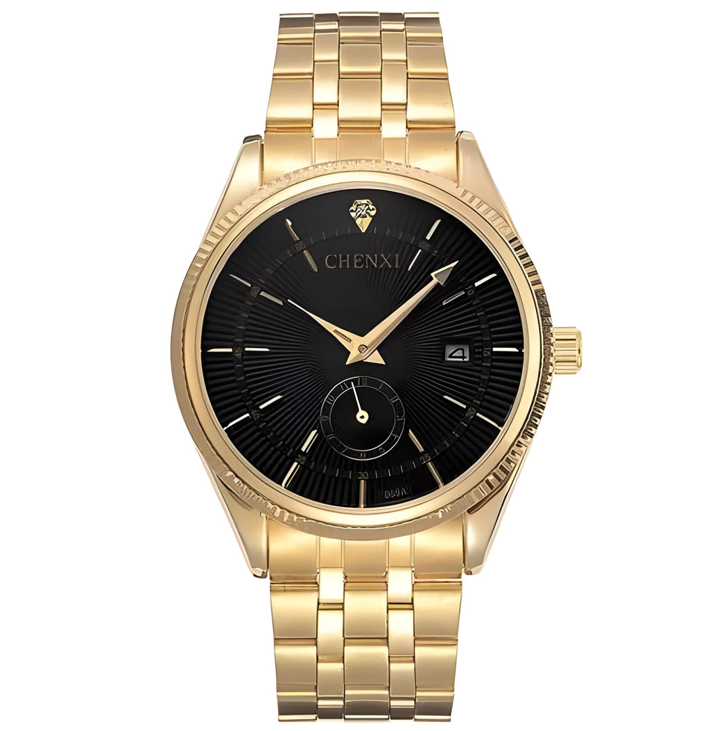 Quartz watch strap watch shown in Black, Gold, and White with Female and Male style options.