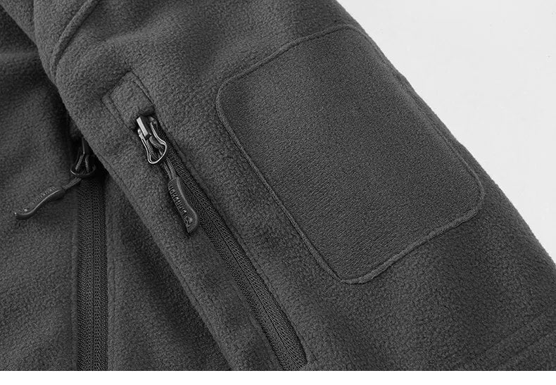 Men's military fleece jacket in black, grey, or army green with zip closure, turn-down collar, and cashmere lining.