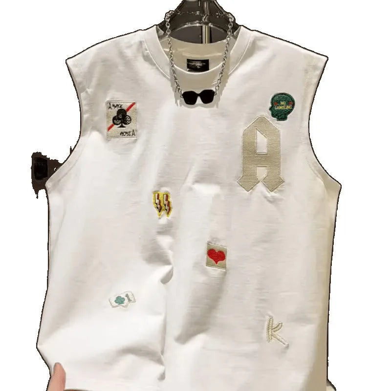 Man's loose-fit cotton sleeveless vest with a cartoon graphic, shown in black and white colour options.