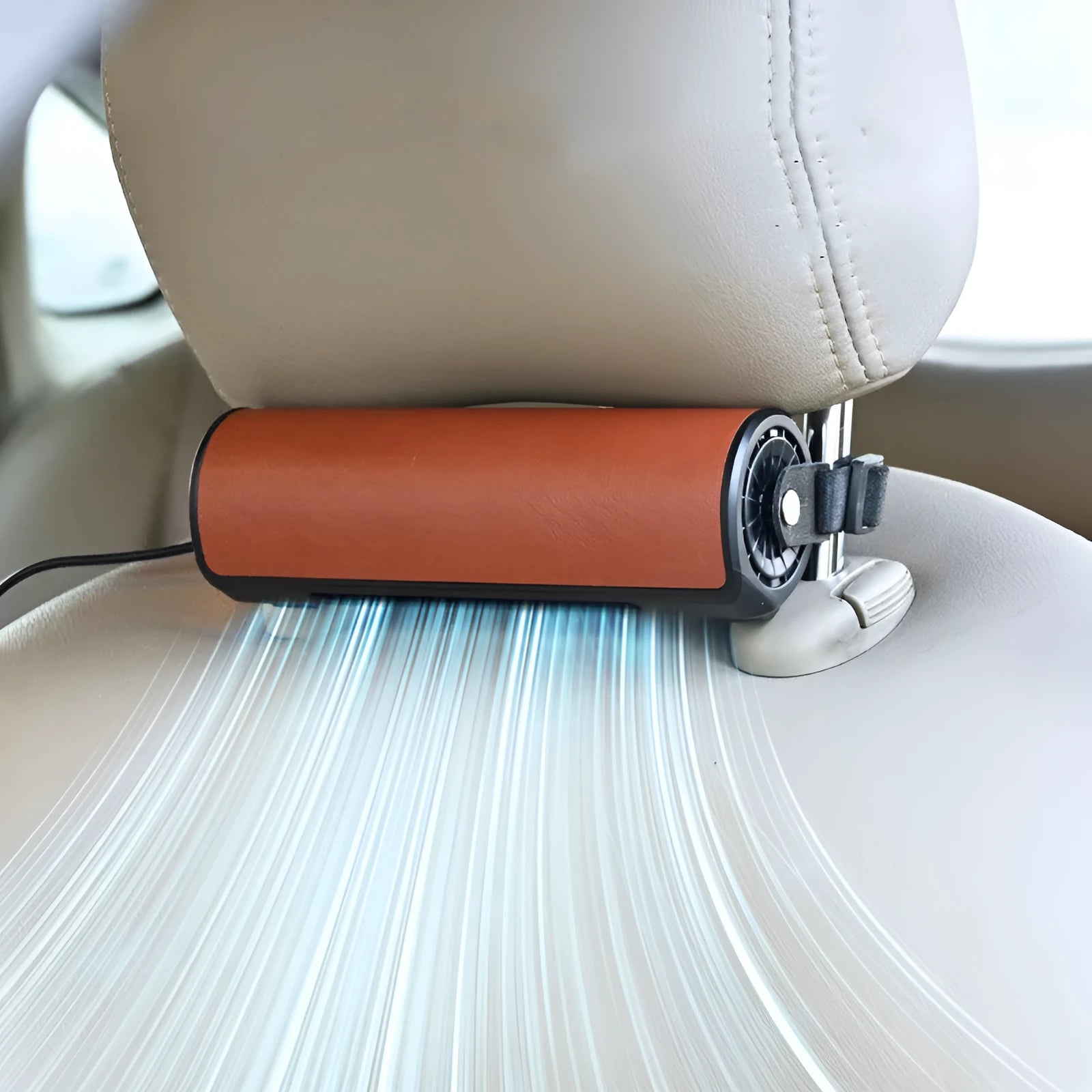 USB-powered car rear seat fan with 1.5 metre cable in black, brown, or red colour options