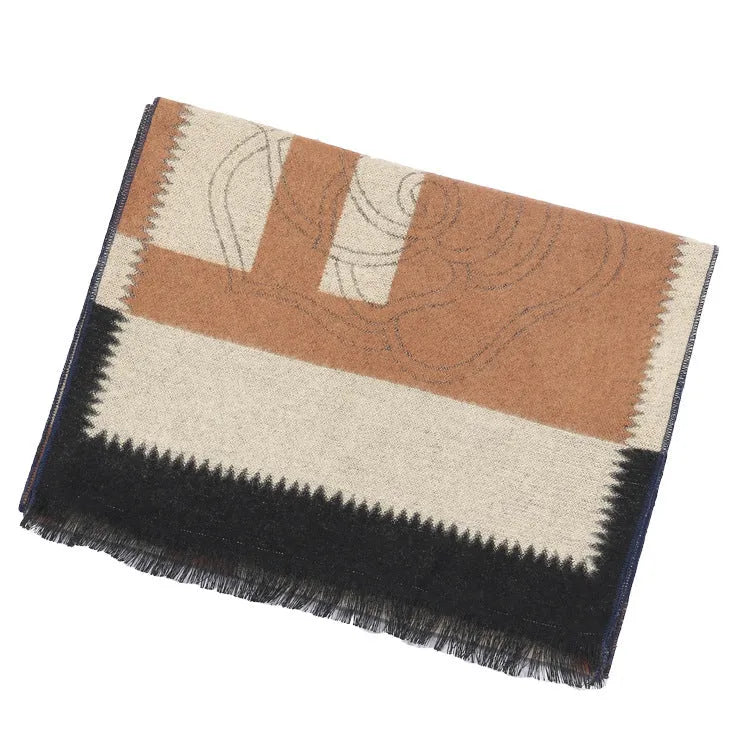 Buddha pattern imitation cashmere scarf in camel, 180x30cm with tassels, warp knit jacquard design