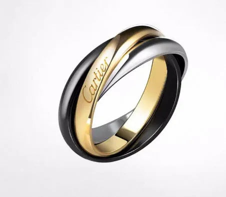 Geometric U-shaped sterling silver couple rings with diamond settings and engraving options on a ring size chart.
