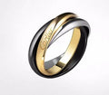 Geometric U-shaped sterling silver couple rings with diamond settings and engraving options on a ring size chart.