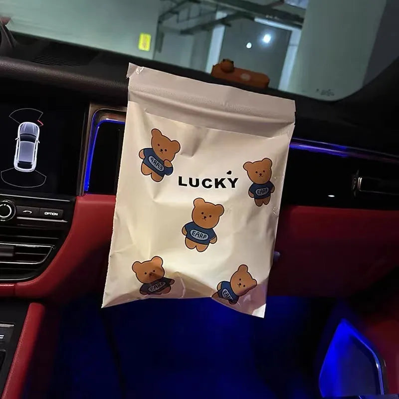 PE car trash adhesive clean bag with flat top design, available in Lucky Bear and Rabbit styles, 20 or 40 pieces.