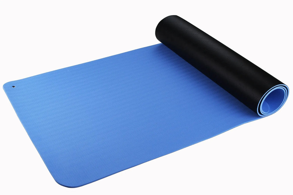 Blue conductive grounding yoga mat with plants pattern and integrated wire, 182cm long.