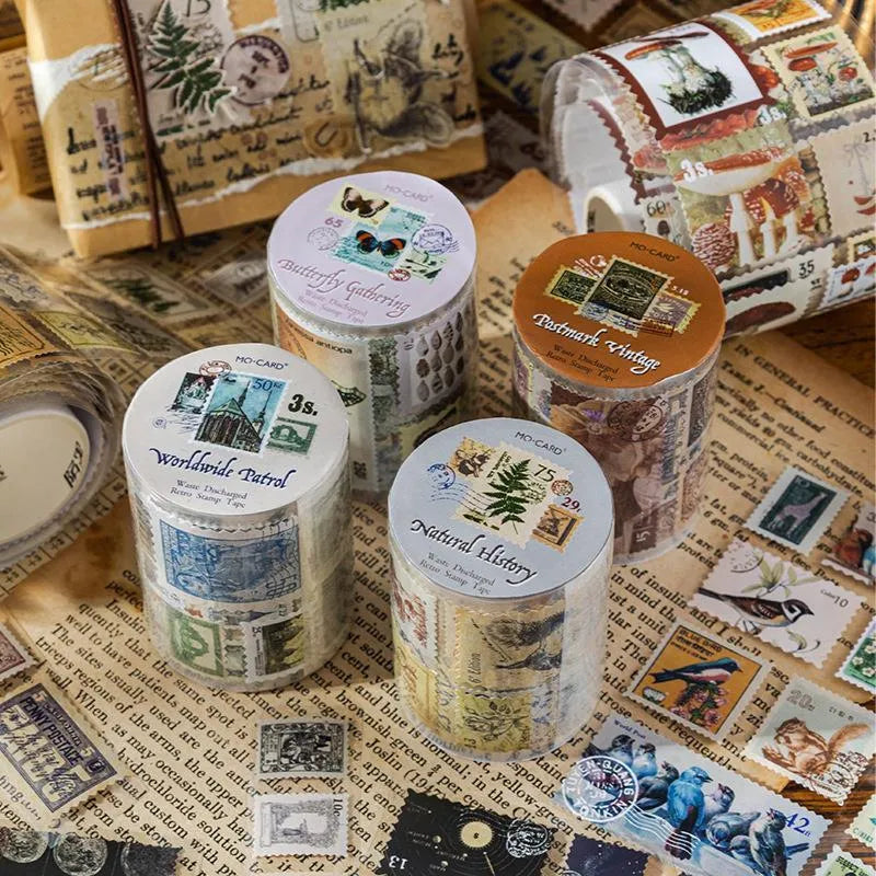 Roll of 55mm wide retro decorative paper stickers with nature themes, showing 2 metre length.