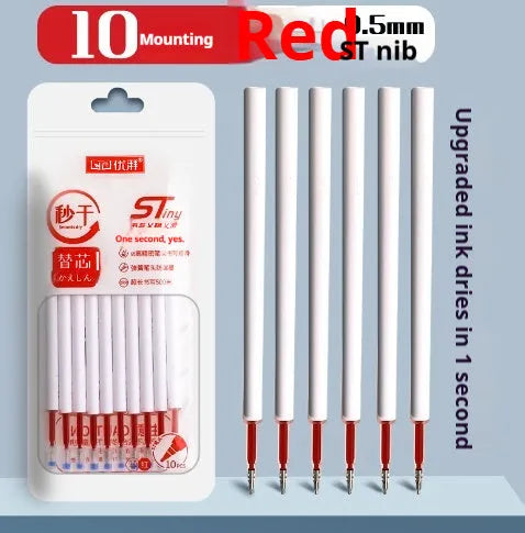 Pack of 10 quick-drying pen refills in black, red, blue, and ink blue colours for 500m writing.