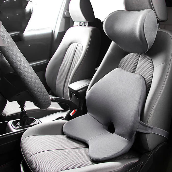 Car waist pad and headrest bundle in beige colour, made with memory cotton and a polyester cover.