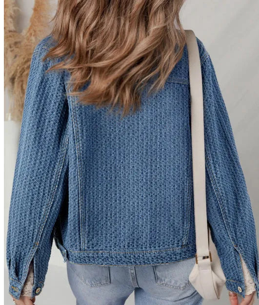Blue double flap pocket denim textured button down jacket for women, cotton blend, sizes S to 2XL