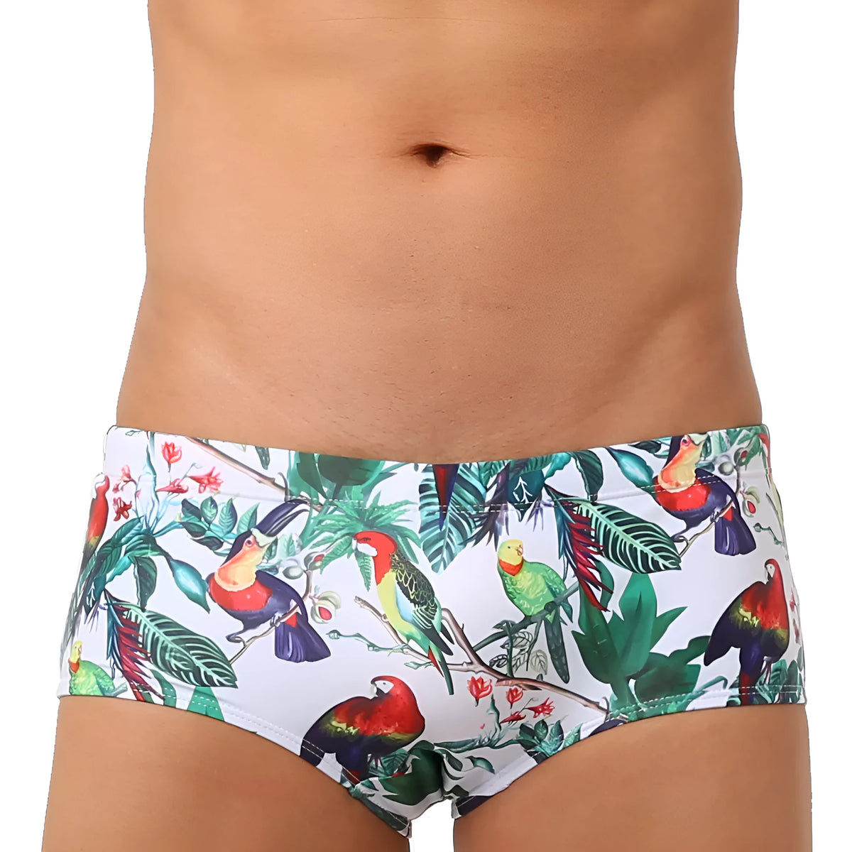 Men's swimming trunks with a colourful floral and bird print, shown in briefs and boxers styles.