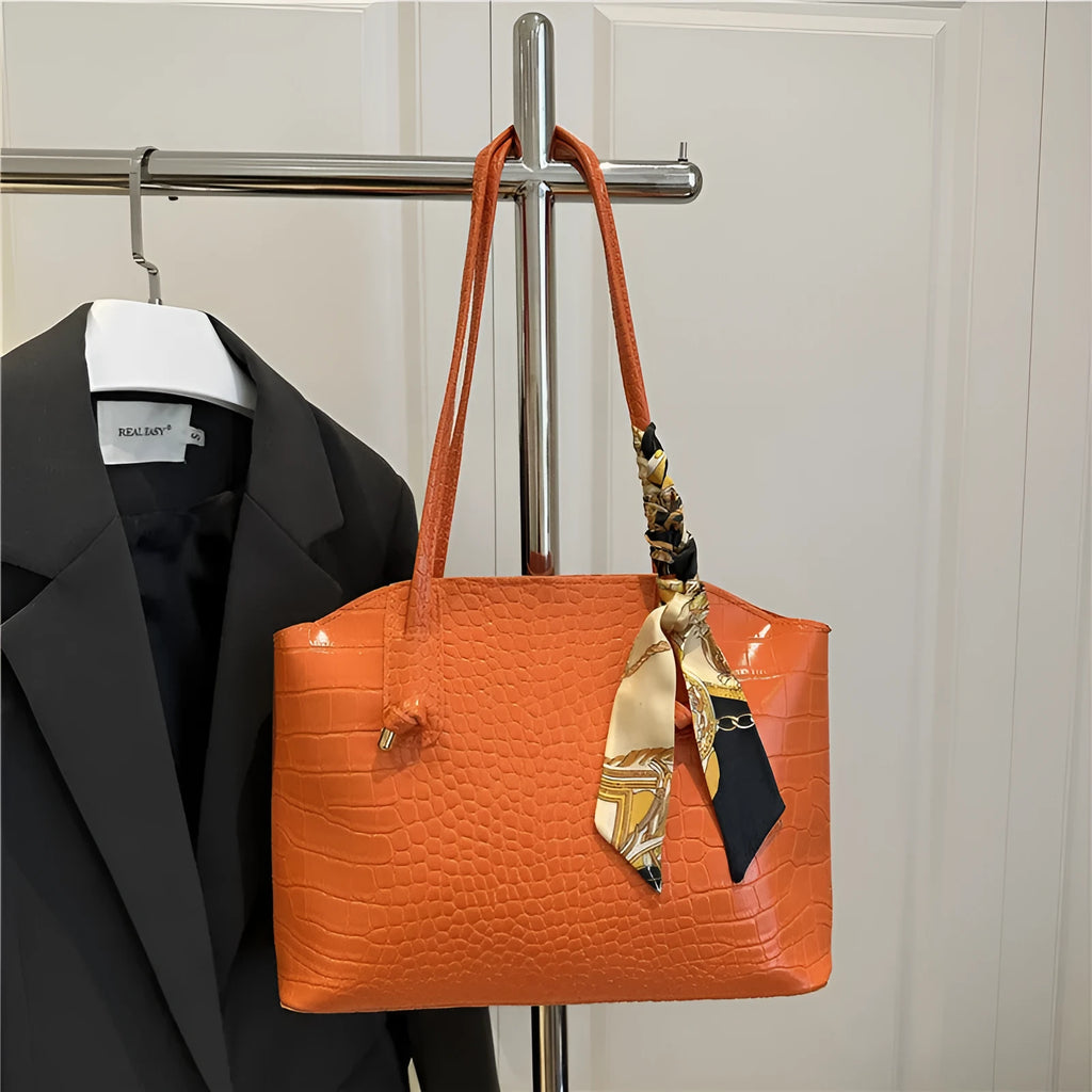 Large capacity PU handbag with crocodile pattern and sewing thread detail, horizontal square shape, available in black, coffee, orange or white.