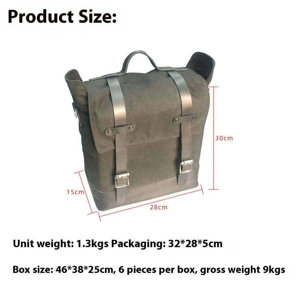 Universal waterproof canvas motorcycle side pannier pack with leather reinforcement in black colour