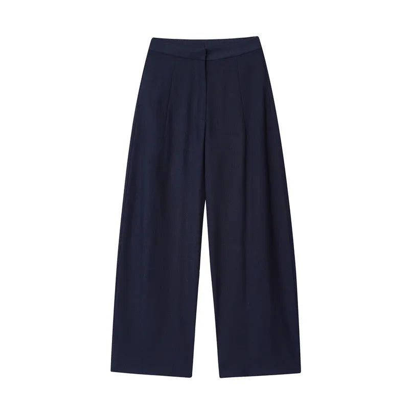 Women's linen blend off-neck shirt with flounced sleeves and matching wide leg trousers set