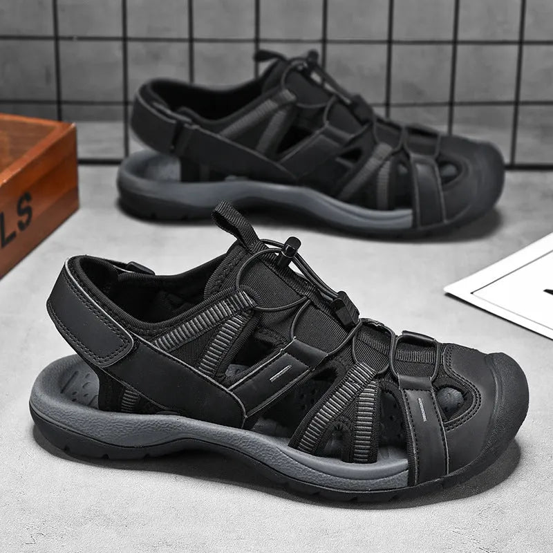 Men's blue and black casual sports shoes with mesh upper and Velcro strap.