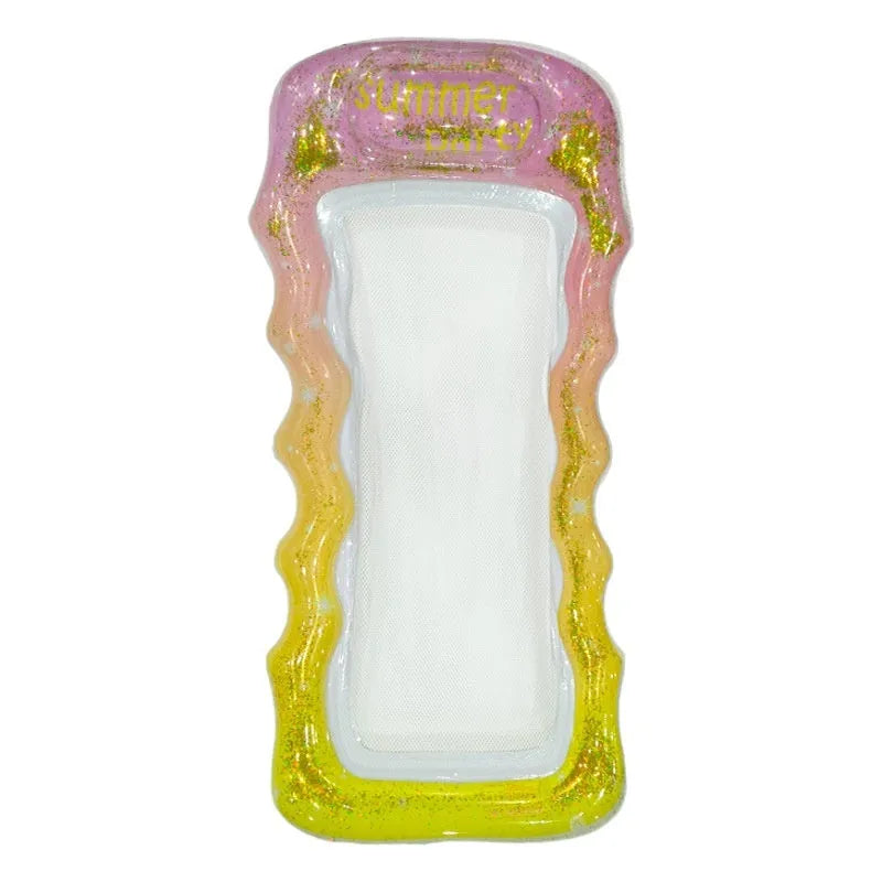 Thick PVC inflatable floating row with sequins and gradient designs in various colours including blue, pink, and green