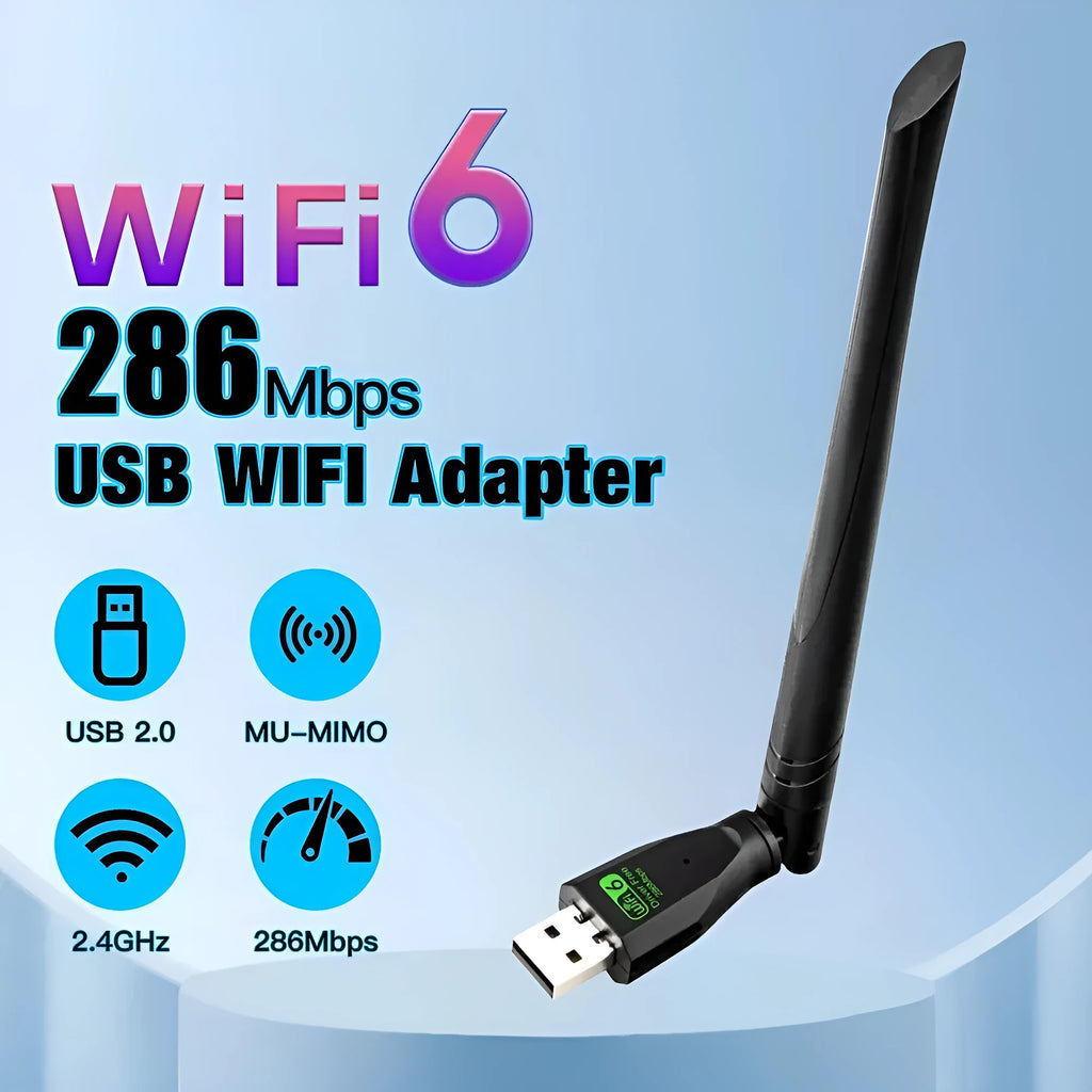 Black USB WiFi 6 wireless network card with instruction manual