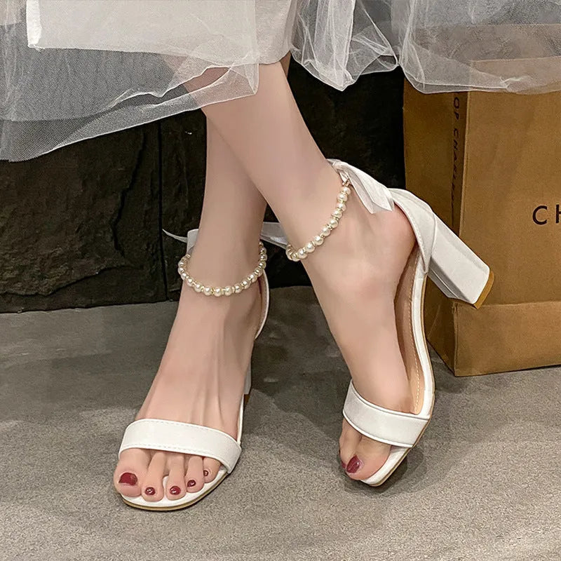 White open toe chunky heel sandals with pearl bow buckle and square toe, sizes 35-42